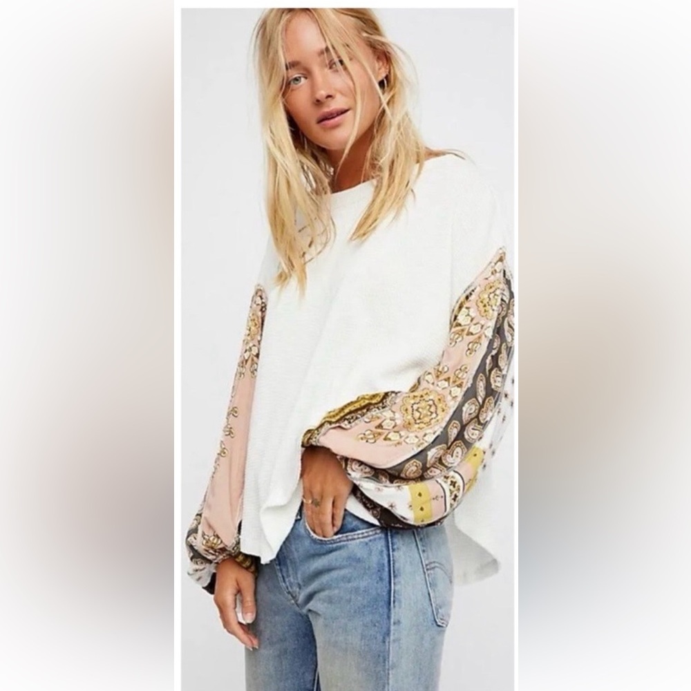 We The Free White Curved Hem Top with Balloon Patterned Sleeves